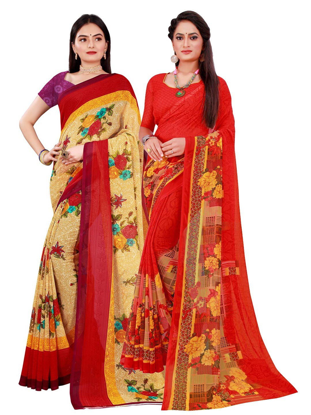 

Florence Beige & Red Set of 2 Pure Georgette Saree