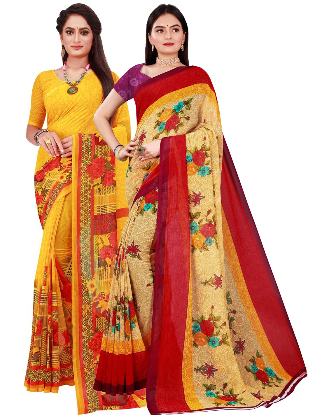 

Florence Yellow & Beige Set of 2 Pure Georgette Saree