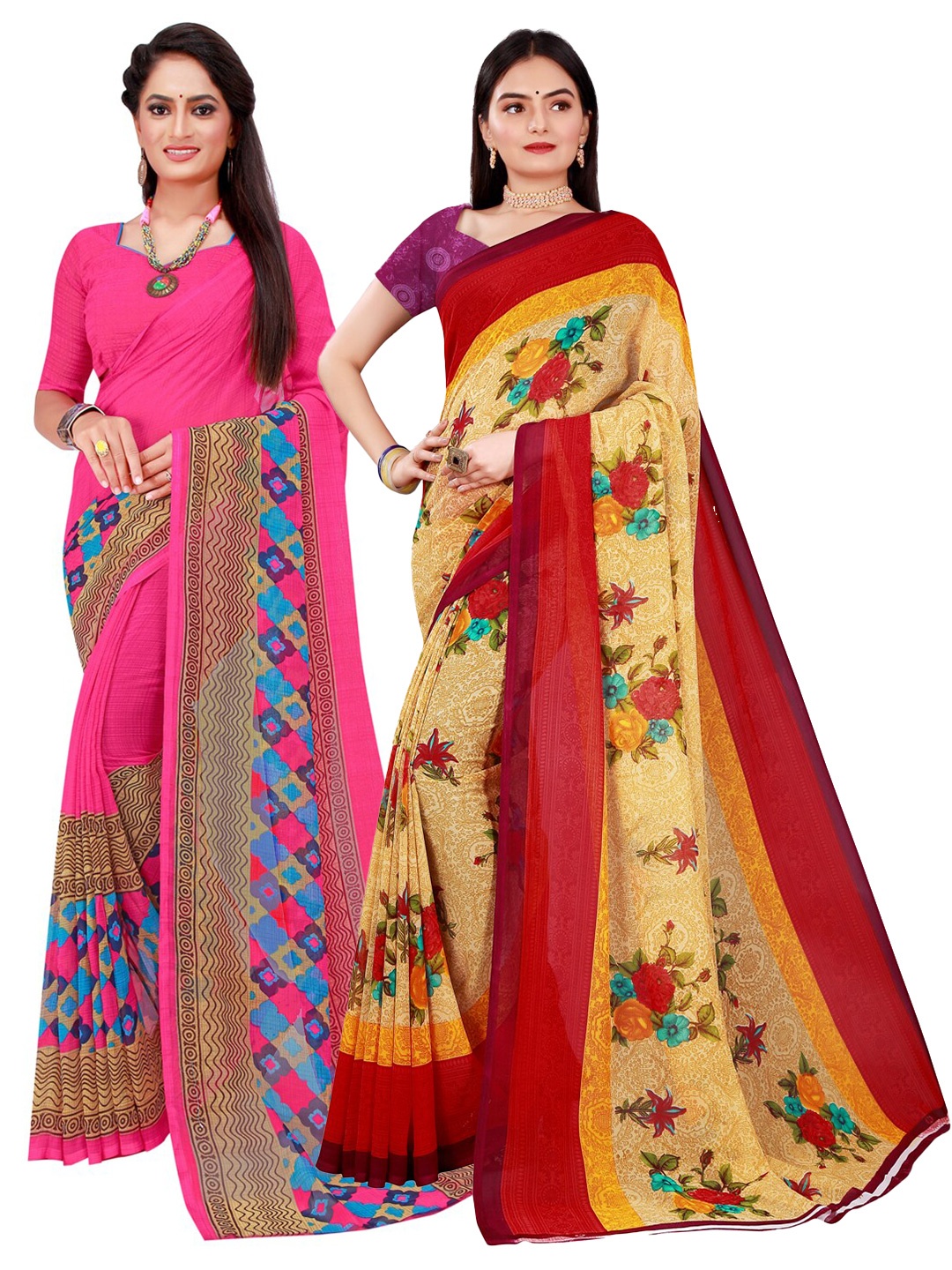 Florence Magenta & Beige Set of 2 Pure Georgette Saree