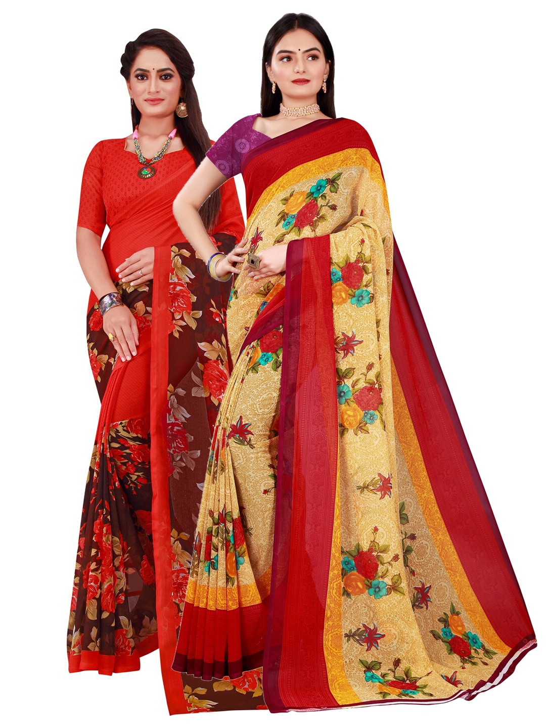 

Florence Beige & Red Set of 2 Pure Georgette Saree