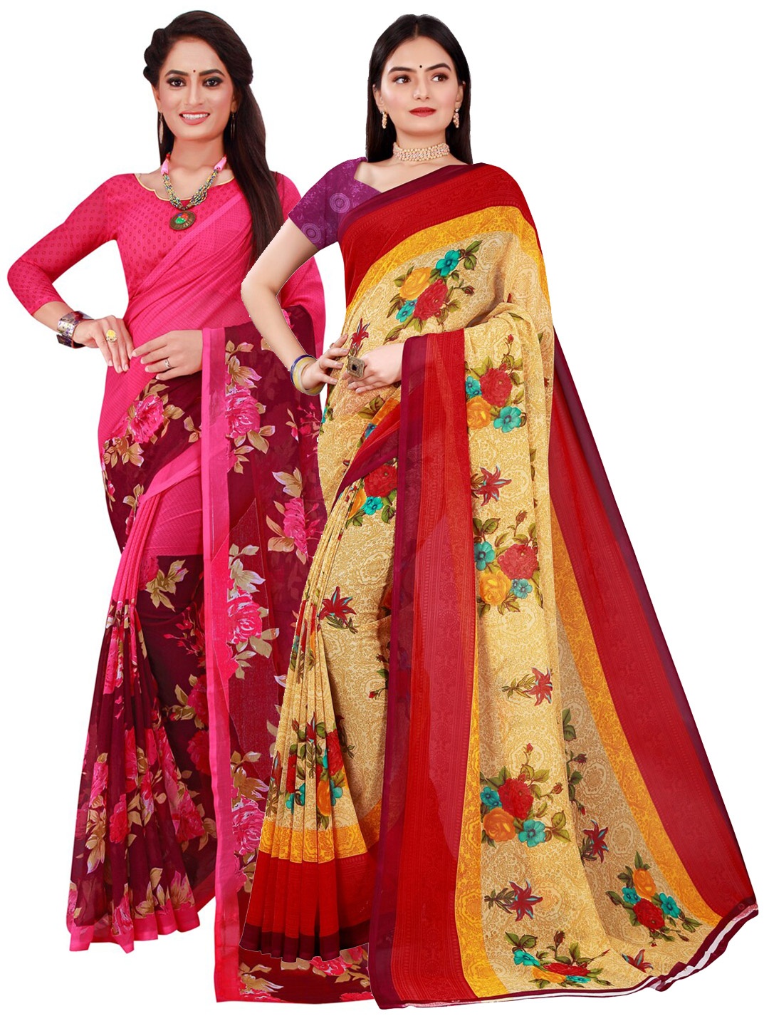 

Florence Beige & Magenta Set of 2 Pure Georgette Saree