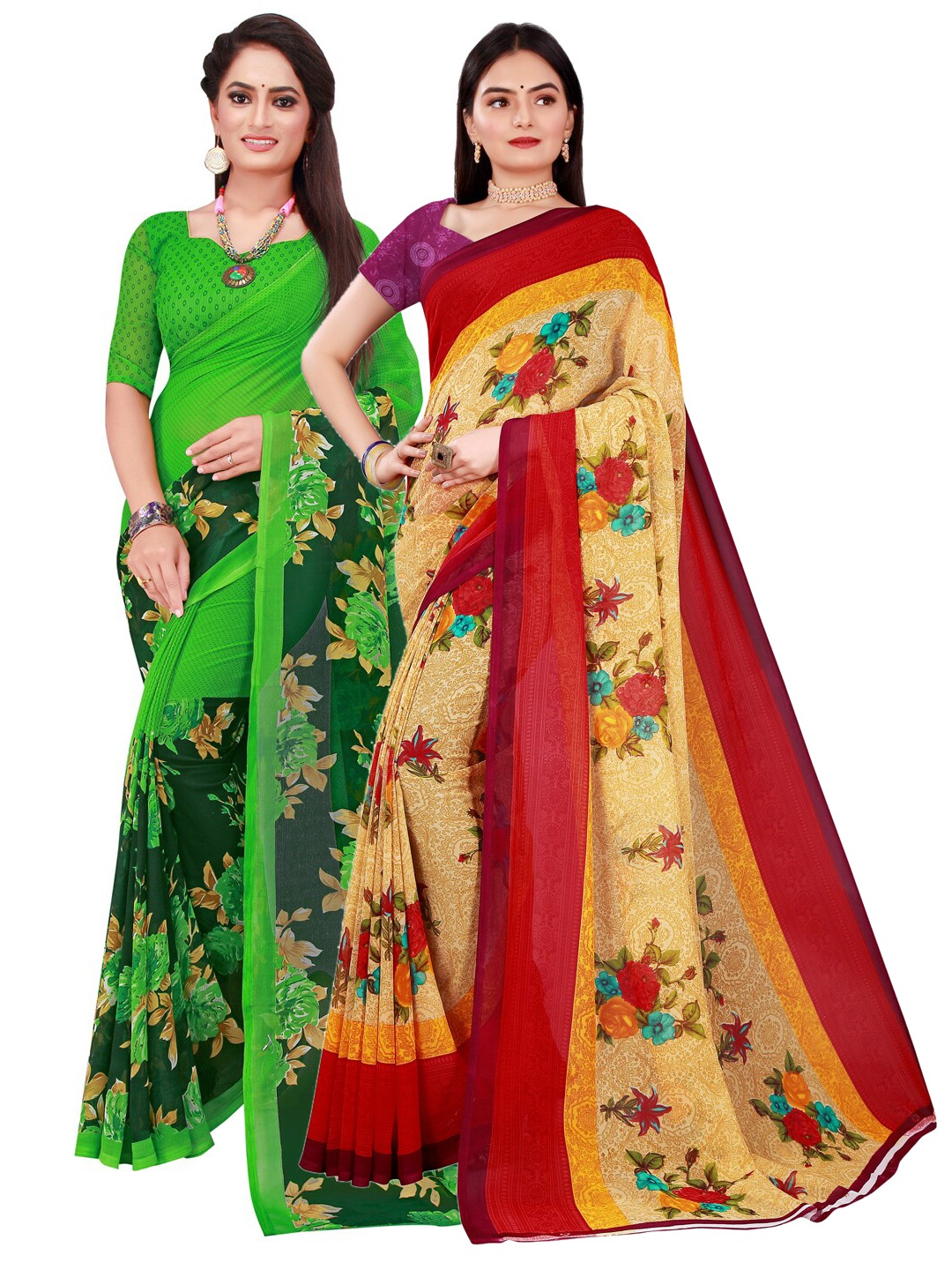 

Florence Beige & Green Set of 2 Pure Georgette Saree