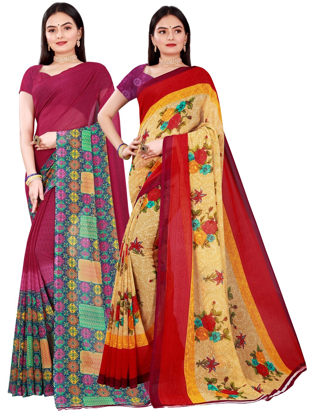 Florence Beige & Maroon Set of 2 Pure Georgette Printed Saree