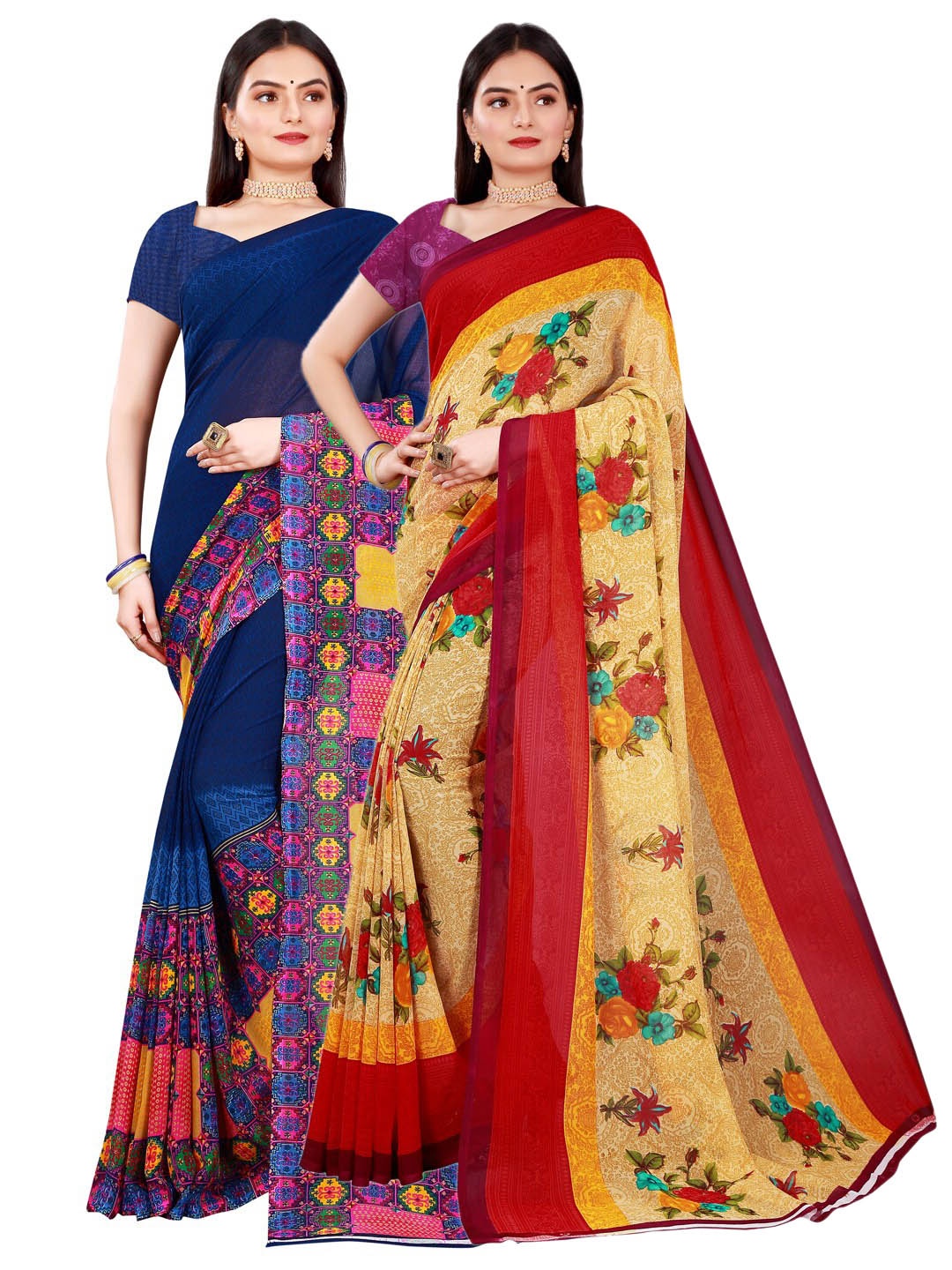 

Florence Beige & Navy Blue Set of 2 Pure Georgette Printed Saree