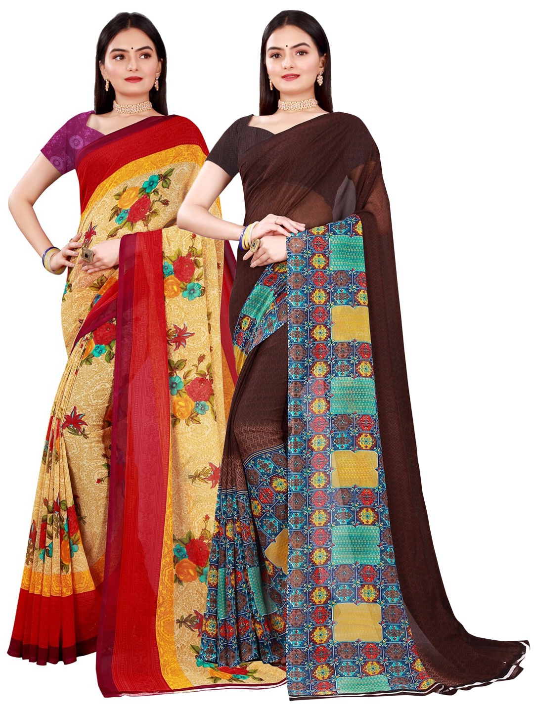 

Florence Brown & Beige Set of 2 Pure Georgette Printed Saree