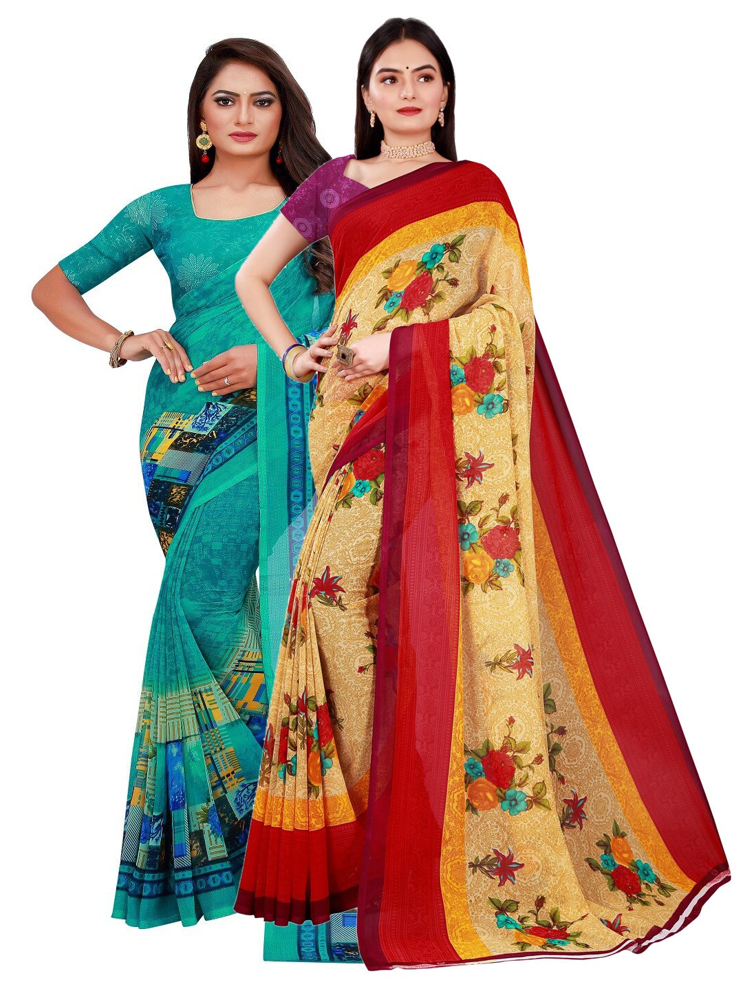 

Florence Turquoise Blue & Beige Set of 2 Pure Georgette Printed Saree
