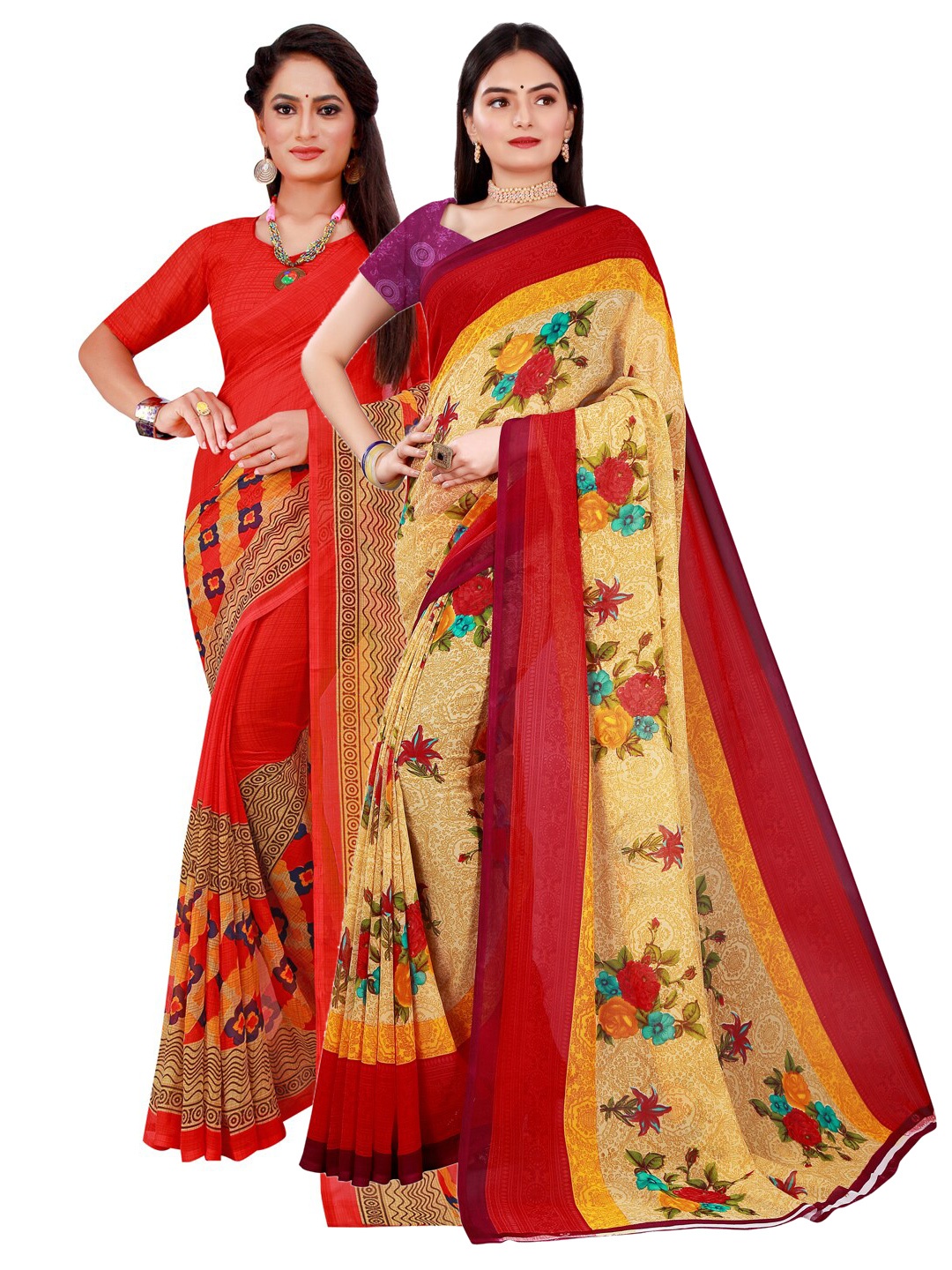 Florence Red & Beige Set of 2 Pure Georgette Printed Saree