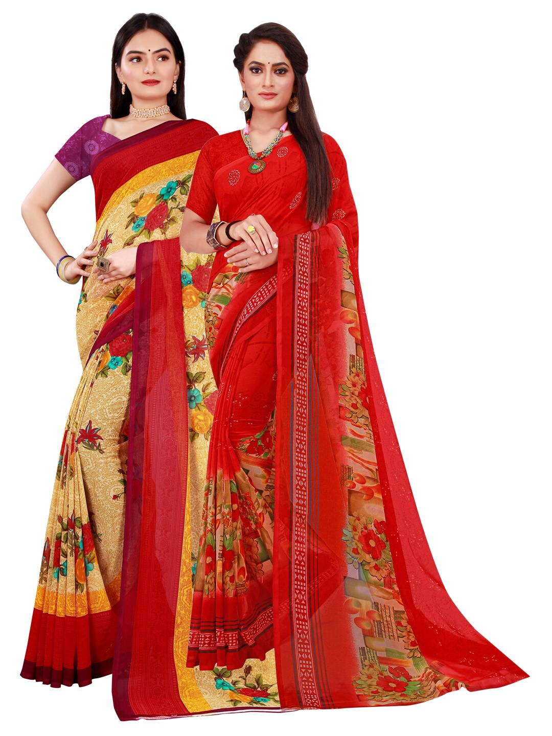 

Florence Beige & Red Set of 2 Pure Georgette Printed Saree