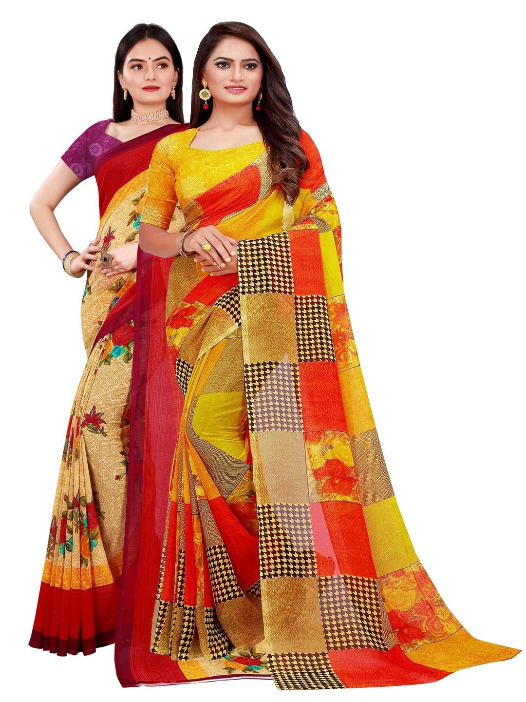 

Florence Beige & Yellow Set of 2 Pure Georgette Printed Saree