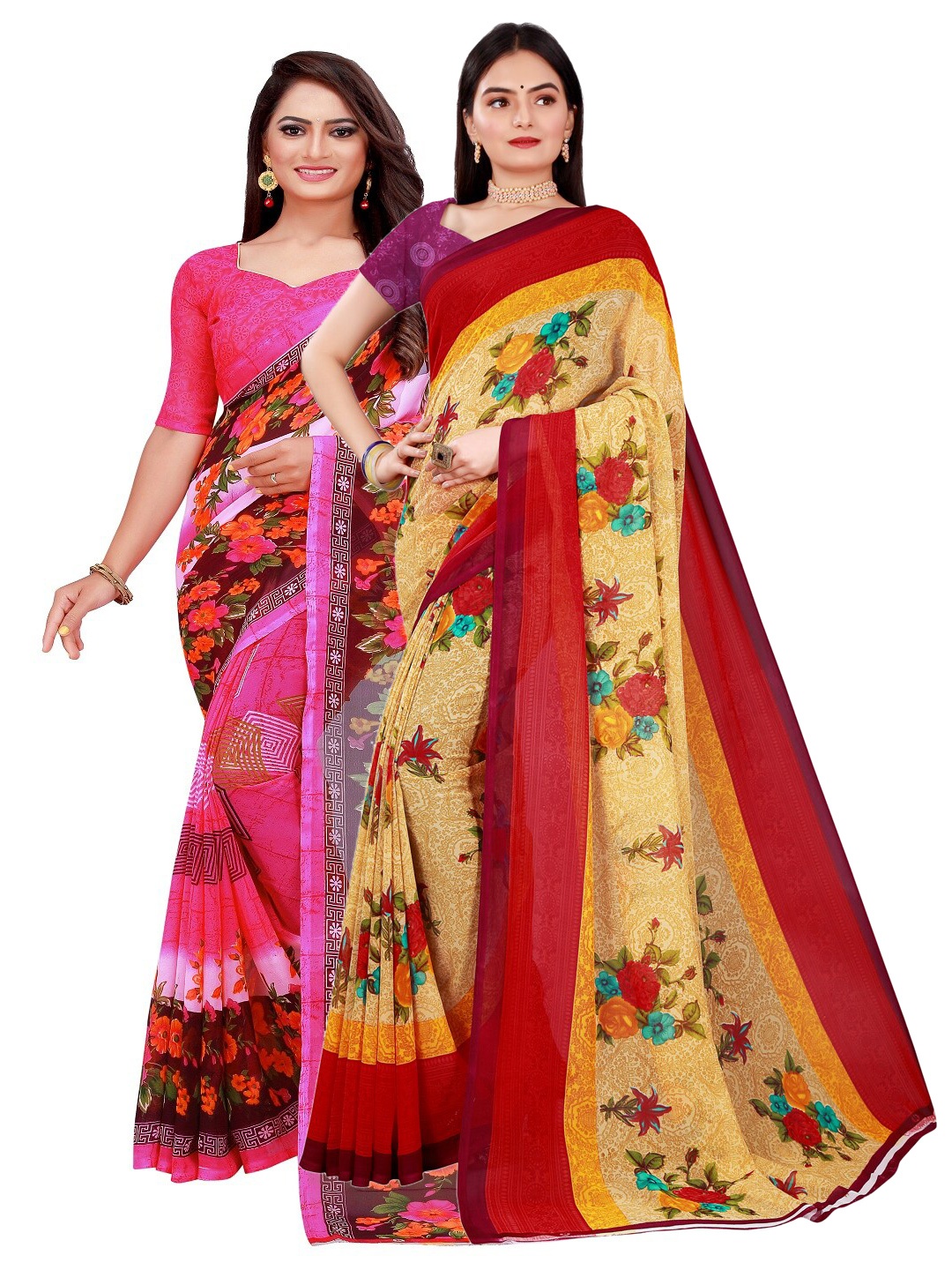 Florence Beige & Pink Set of 2 Pure Georgette Printed Saree