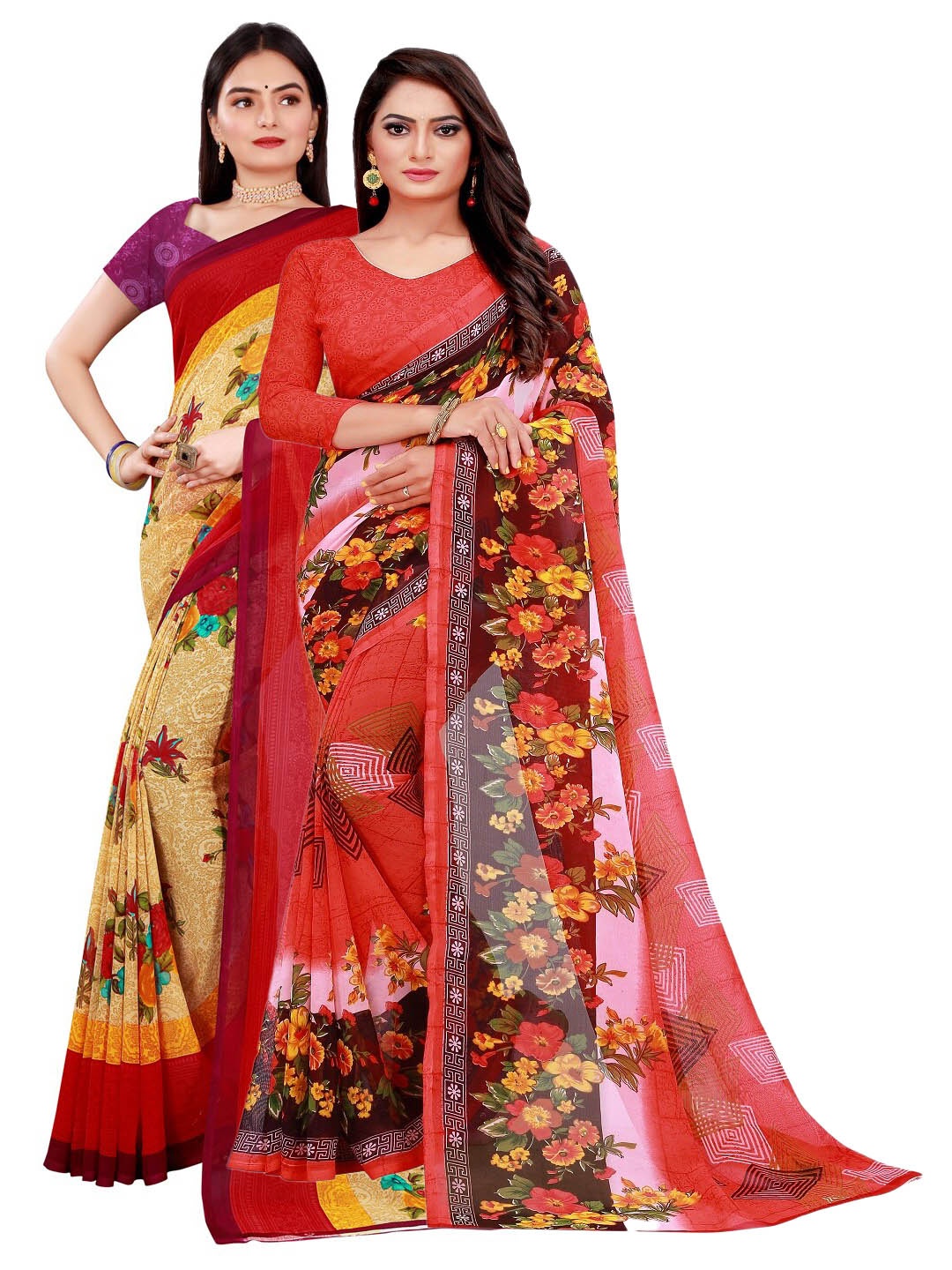 

Florence Beige & Red Set of 2 Pure Georgette Printed Saree