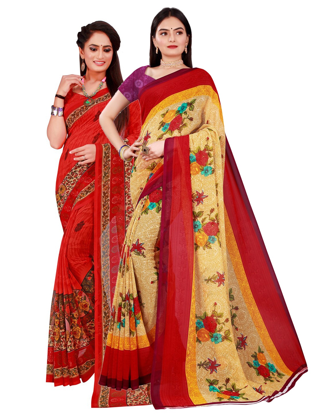 

Florence Beige & Red Set of 2 Pure Georgette Printed Saree