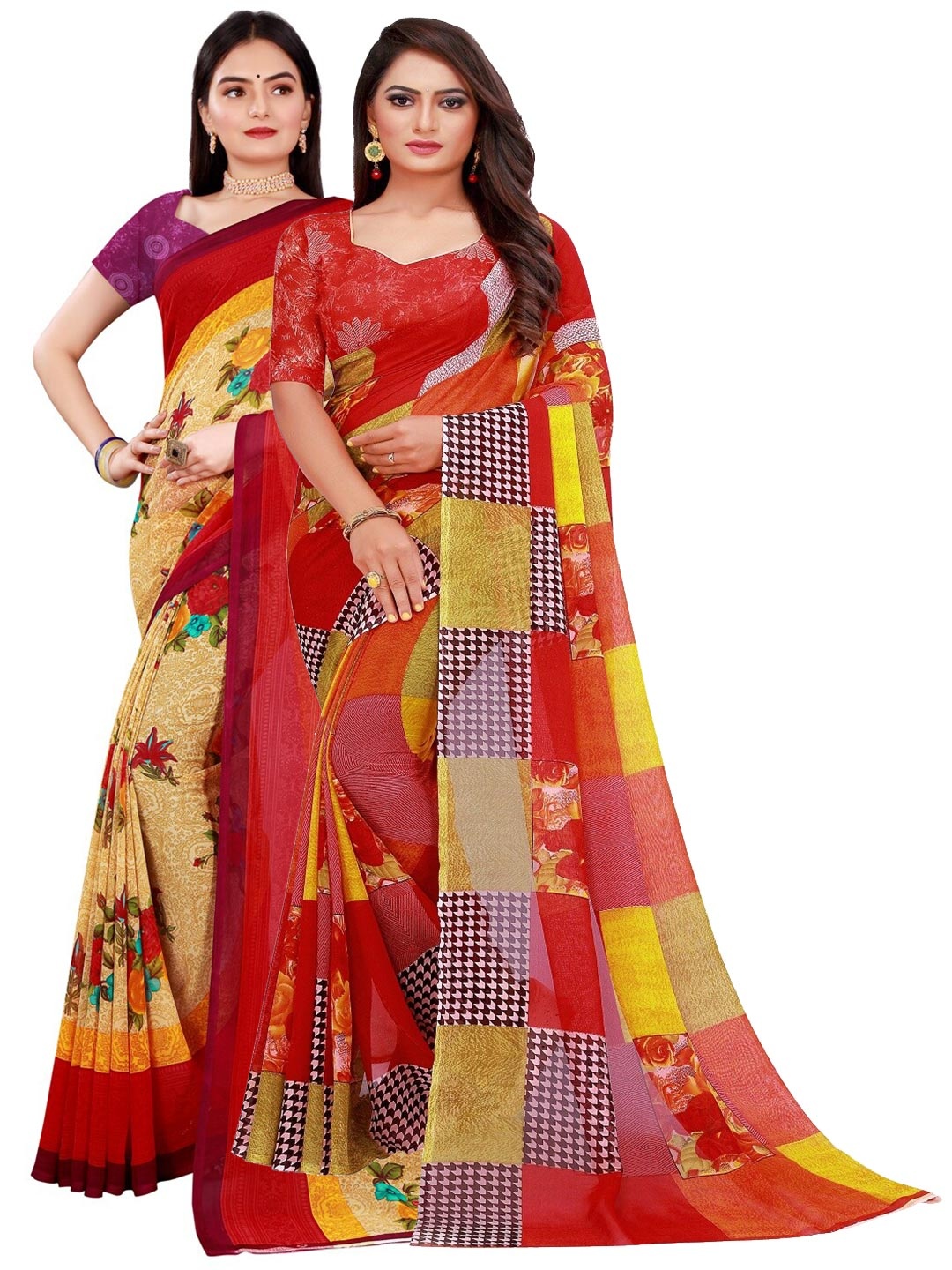 

Florence Beige & Red Set of 2 Pure Georgette Printed Saree