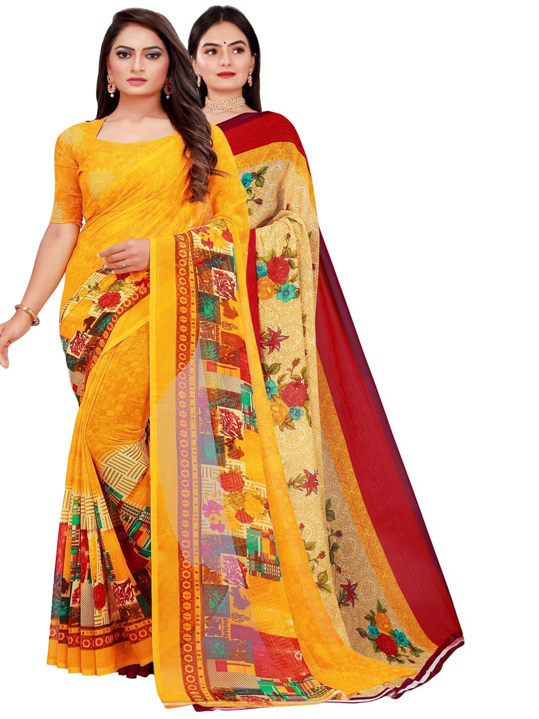 

Florence Beige & Yellow Set of 2 Pure Georgette Printed Saree