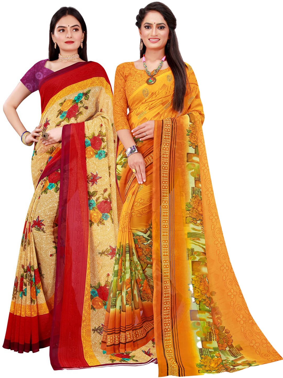

Florence Beige & Yellow Set of 2 Pure Georgette printed Saree