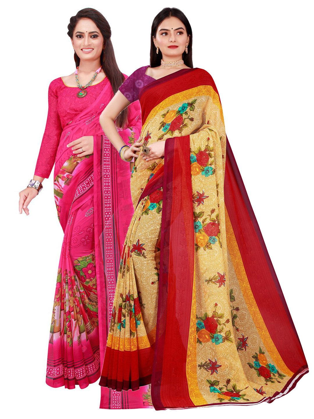 

Florence Pack Of 2 Women Beige & Pink Printed Pure Georgette Saree With Unstitched Blouse