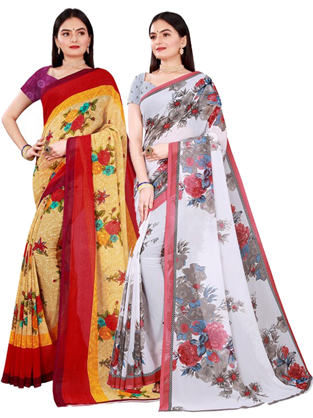 

Florence Pack Of 2 Women Beige & White Printed Pure Georgette Saree With Unstitched Blouse