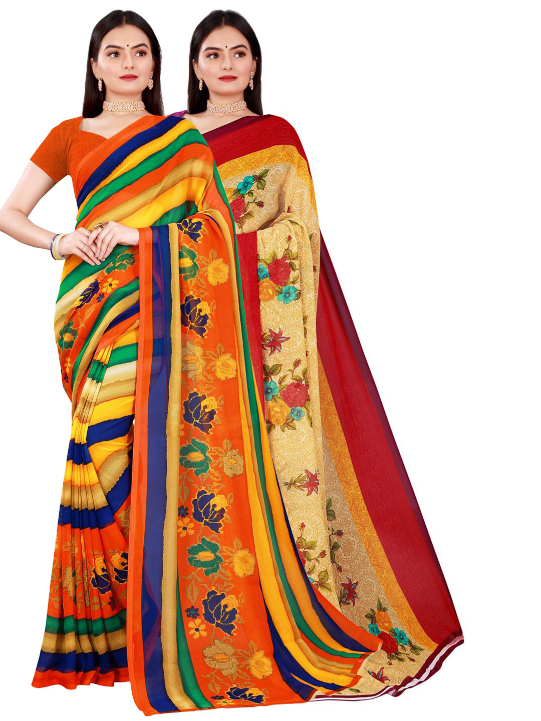 

Florence Pack of 2 Floral Pure Georgette Saree, Beige