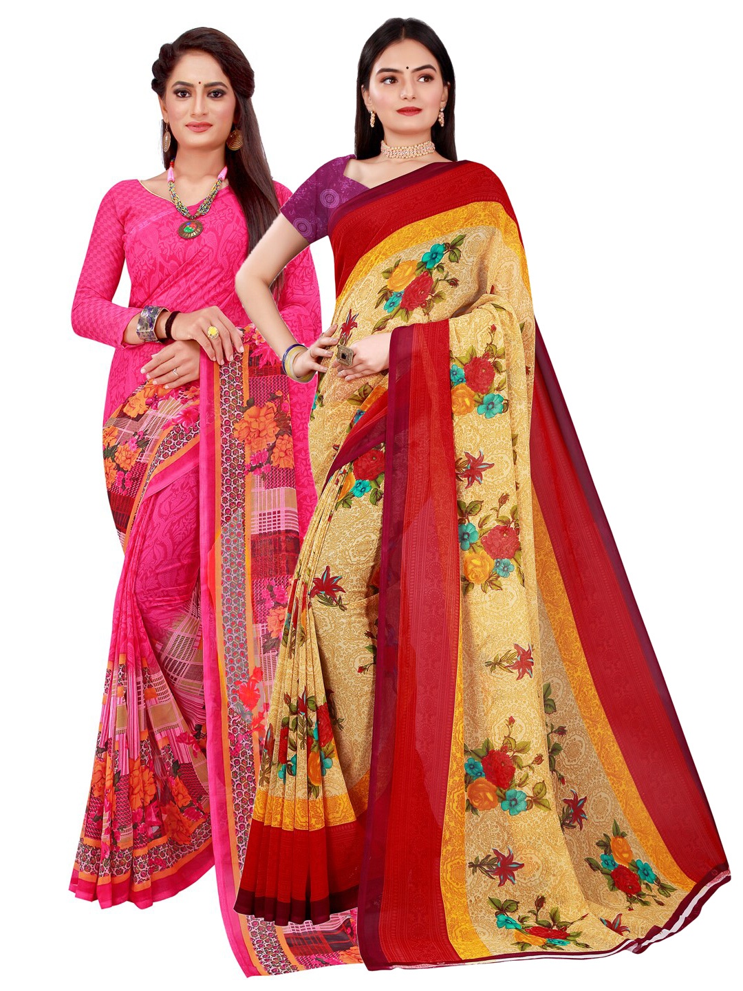 

KALINI Pack Of 2 Women Beige & Pink Printed Pure Georgette Saree With Unstitched Blouse