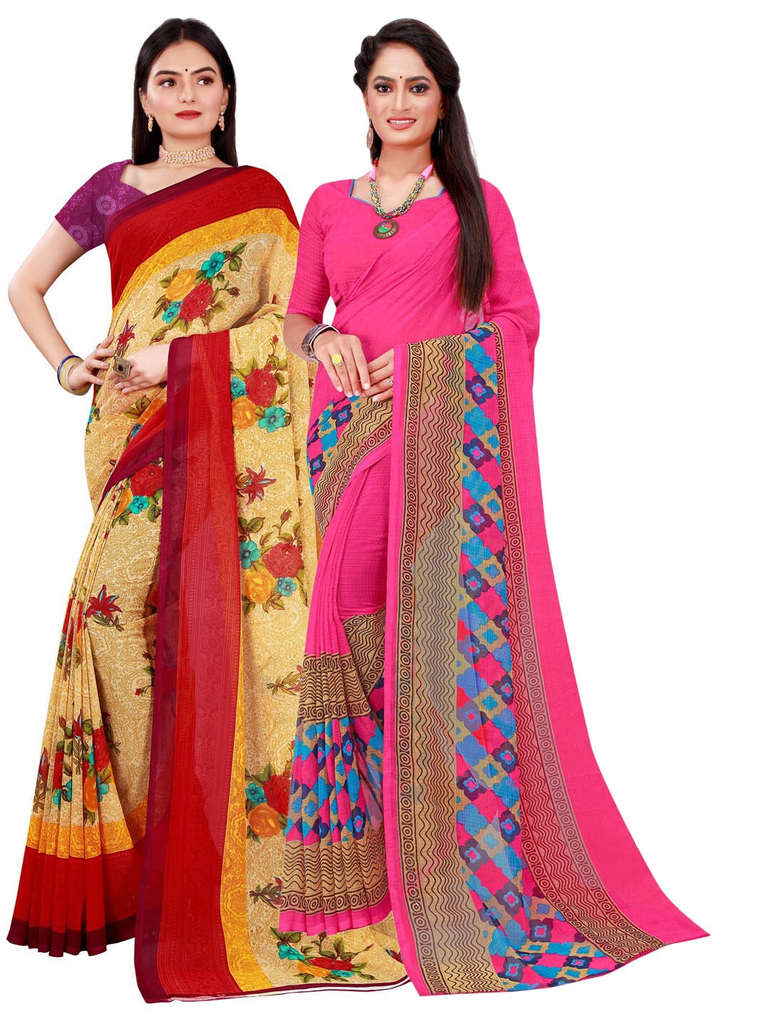 

KALINI Pack Of 2 Women Beige & Pink Printed Pure Georgette Saree With Unstitched Blouse
