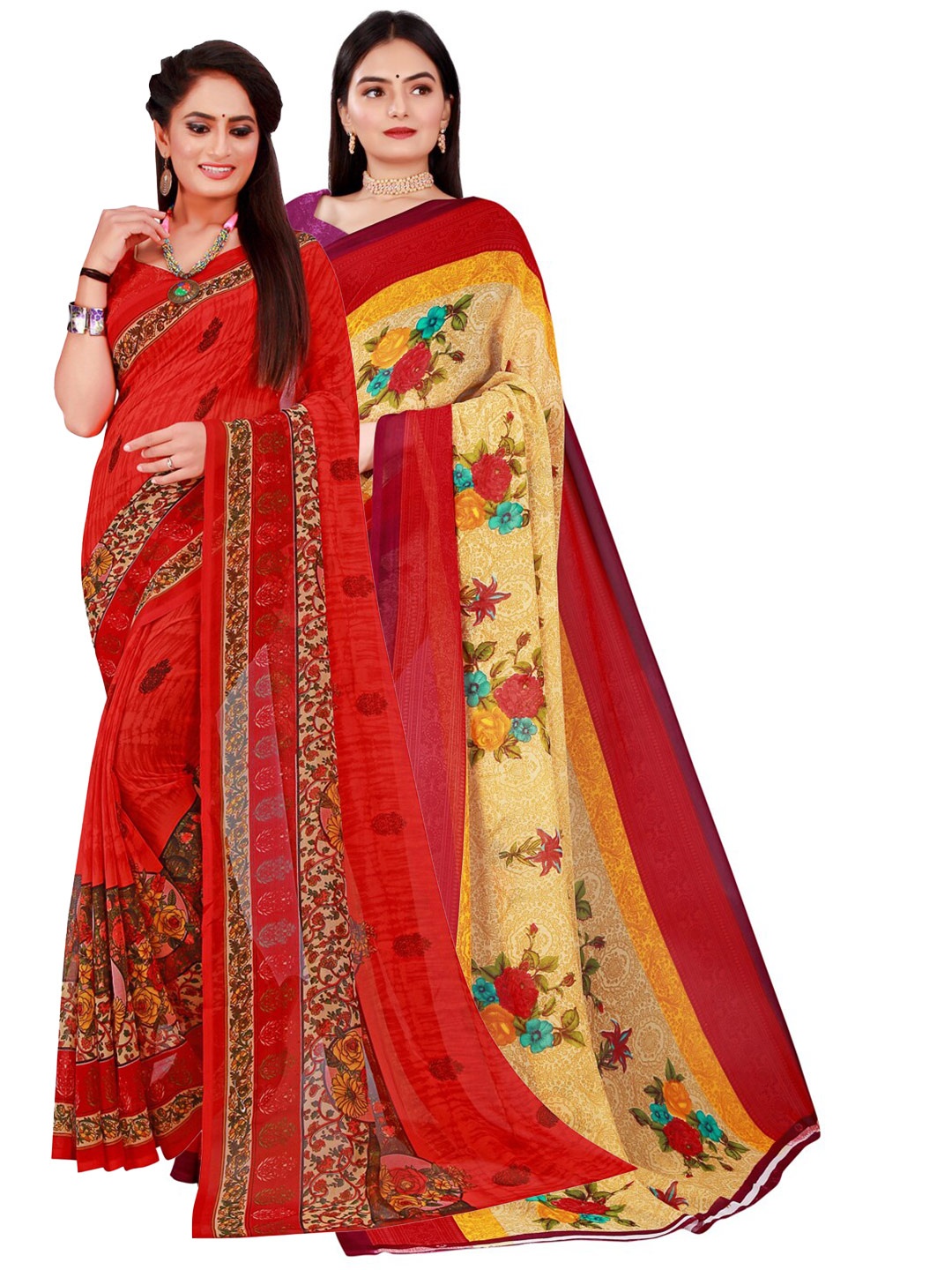 

KALINI Pack Of 2 Women Beige & Red Printed Pure Georgette Saree With Unstitched Blouse