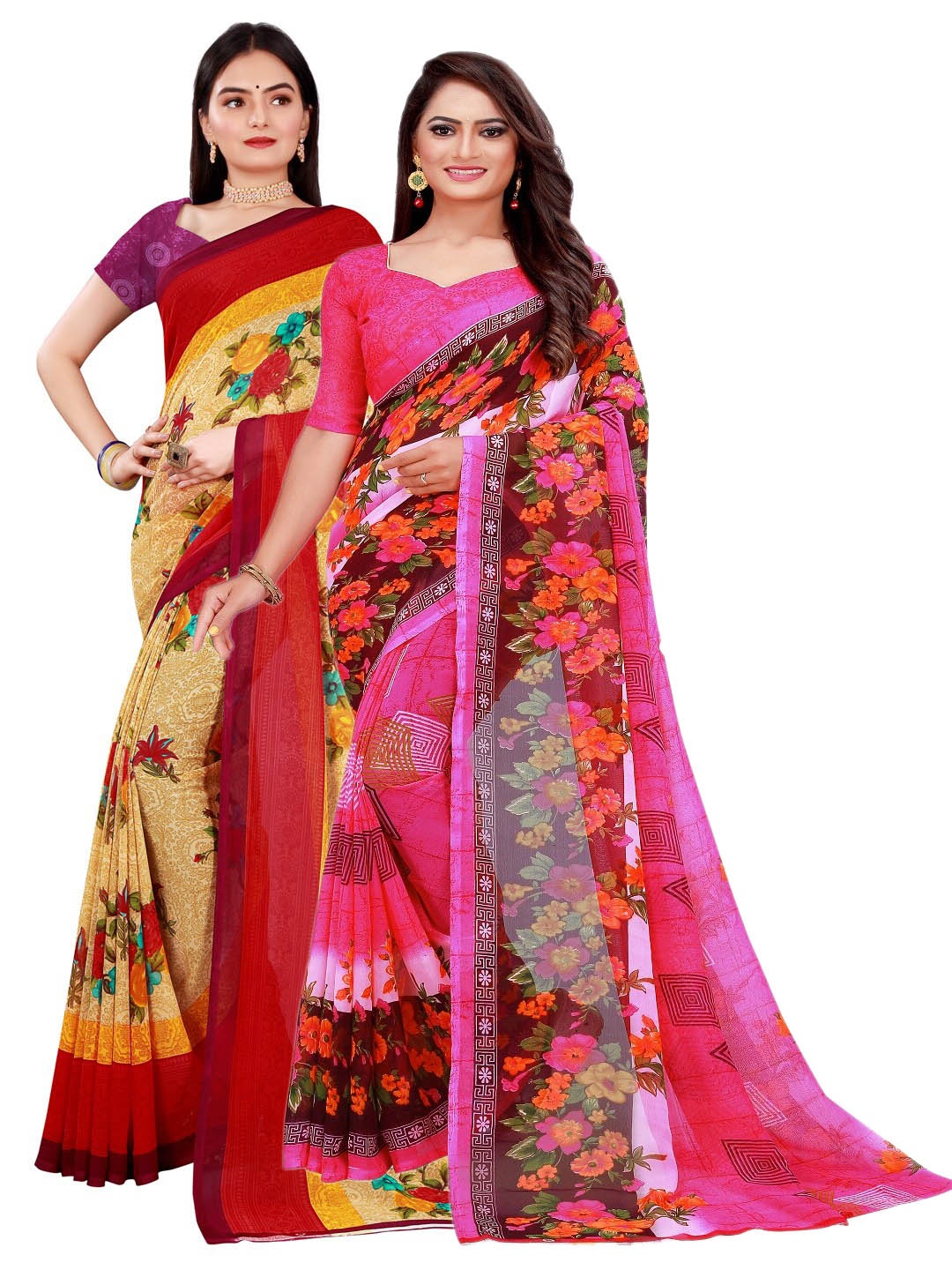 

KALINI Pack Of 2 Women Beige & Pink Printed Pure Georgette Saree With Unstitched Blouse