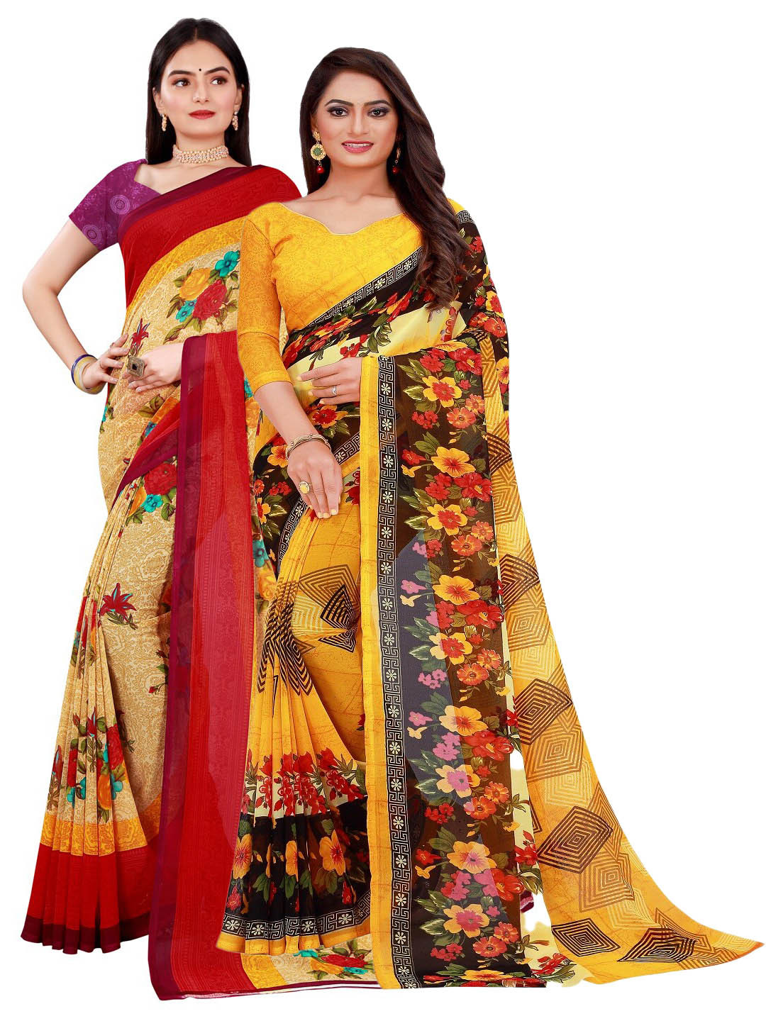 

KALINI Pack Of 2 Women Beige & Yellow Printed Pure Georgette Saree With Unstitched Blouse