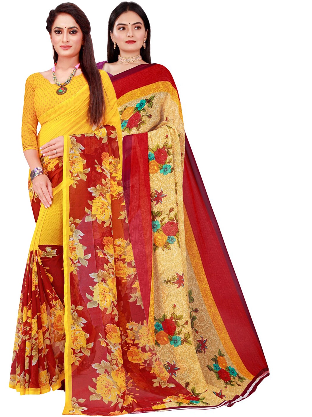 

KALINI Pack Of 2 Women Beige & Yellow Printed Pure Georgette Saree With Unstitched Blouse