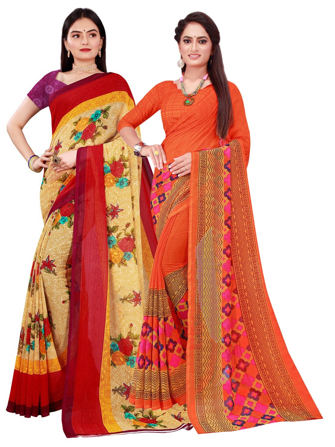 

KALINI Pack Of 2 Women Beige & Orange Printed Pure Georgette Saree With Unstitched Blouse