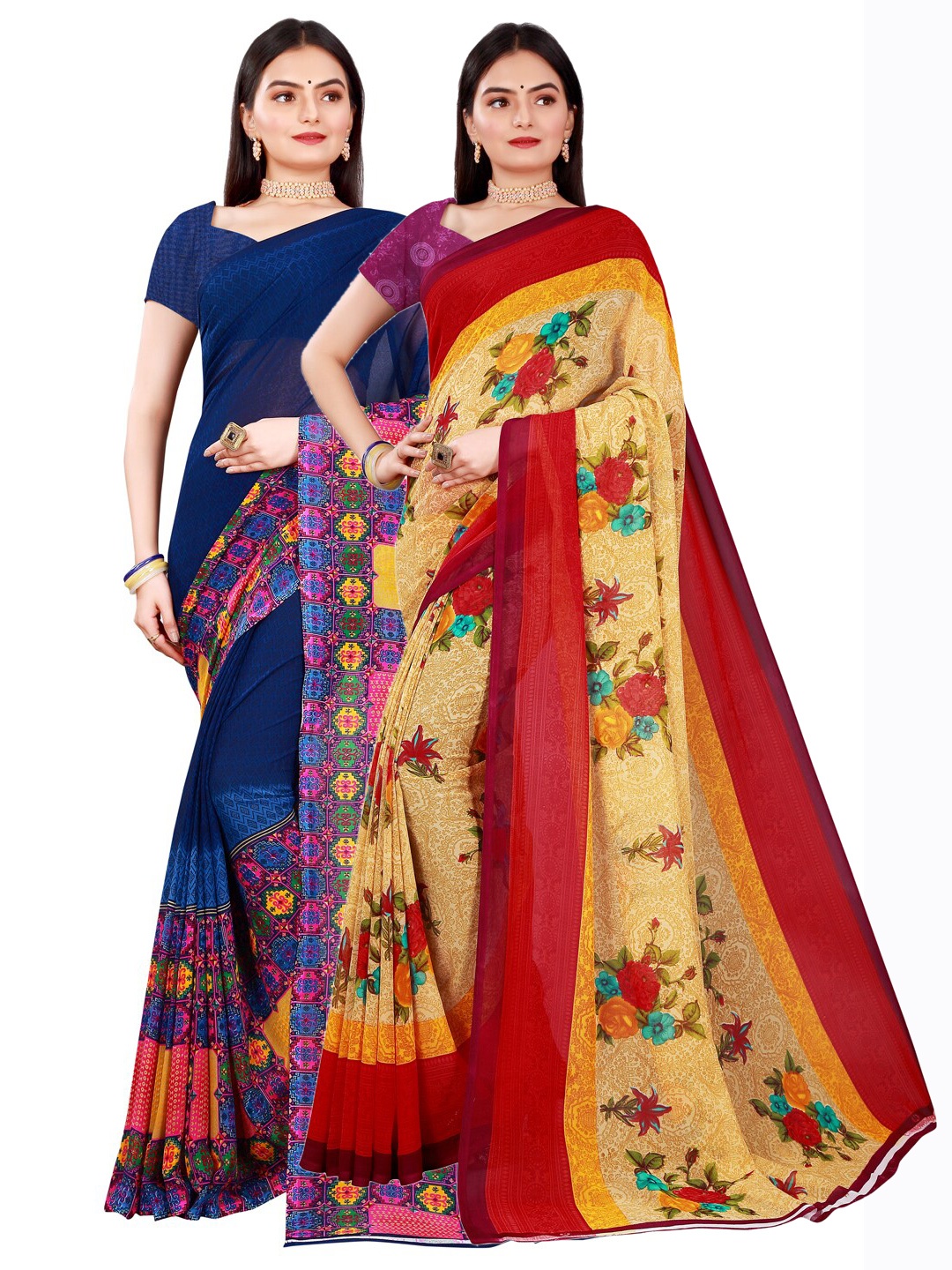 

KALINI Pack Of 2 Women Beige & Navy Blue Pure Georgette Saree With Unstitched Blouse