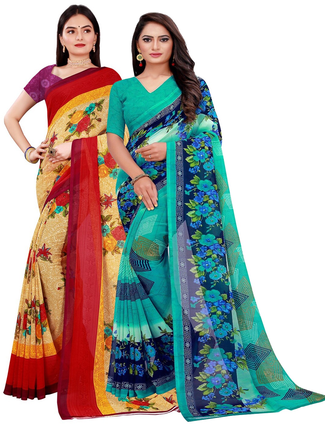 

KALINI Pack Of 2 Women Beige & Green Printed Pure Georgette Saree With Unstitched Blouse