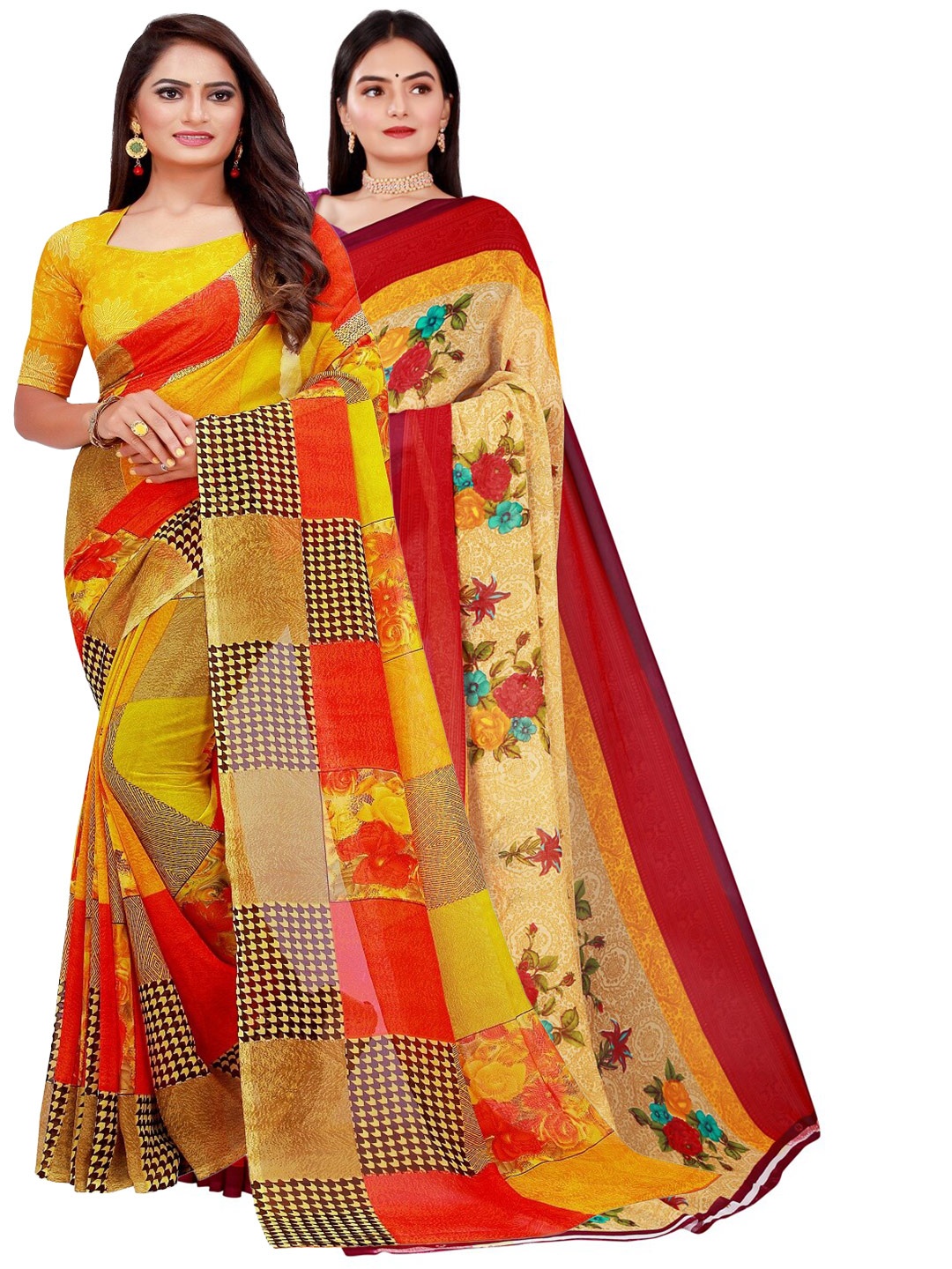 

KALINI Pack Of 2 Women Beige & Yellow Printed Pure Georgette Saree With Unstitched Blouse