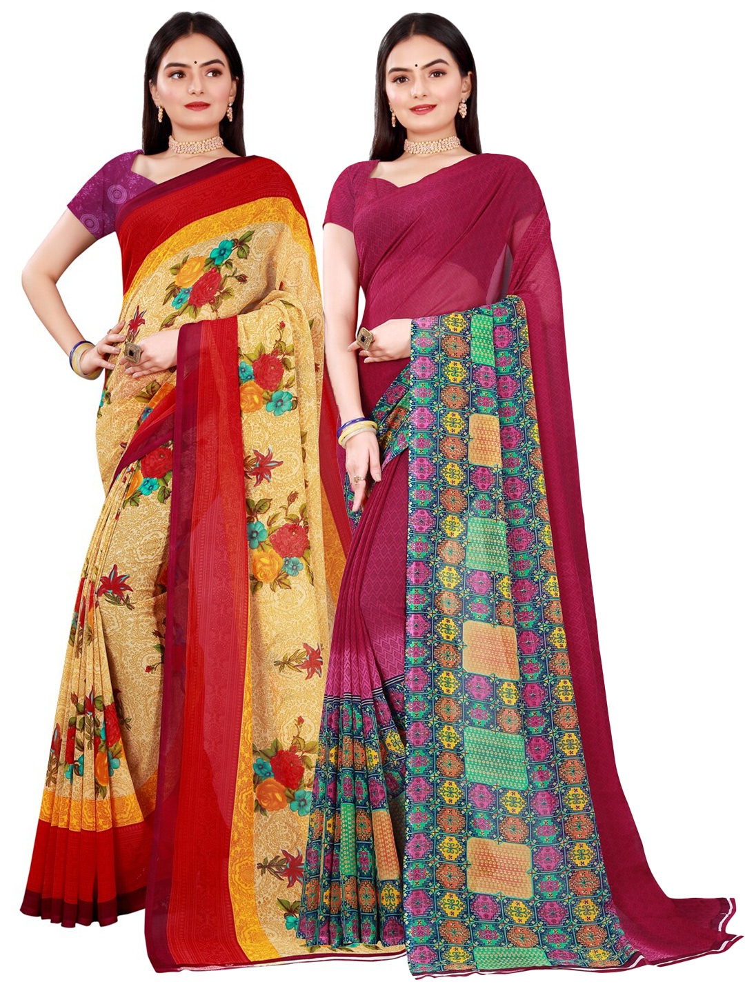 

KALINI Pack Of 2 Women Beige & Maroon Printed Pure Georgette Saree With Unstitched Blouse