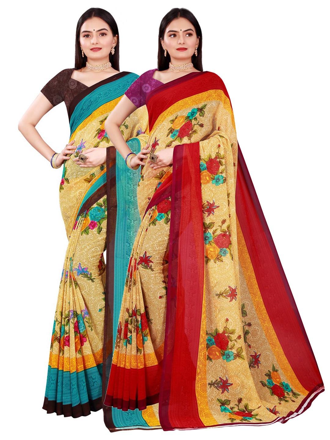 

KALINI Pack Of 2 Women Beige Floral Printed Pure Georgette Saree With Unstitched Blouse