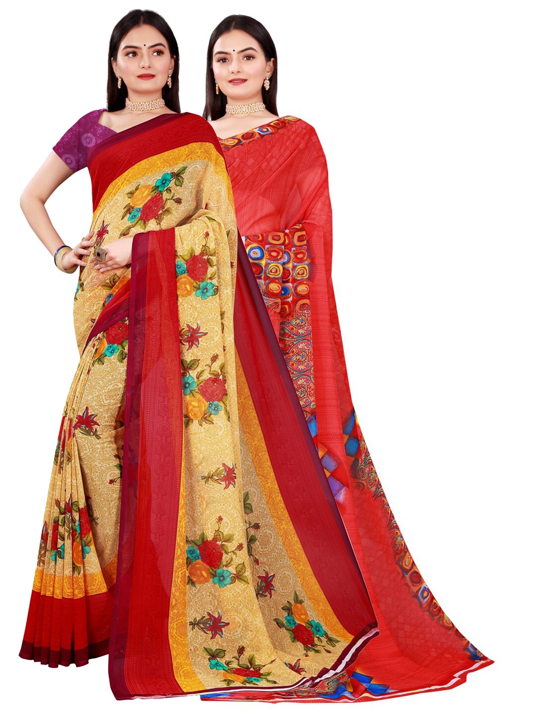 

KALINI Pack Of 2 Women Beige & Red Printed Pure Georgette Saree With Unstitched Blouse