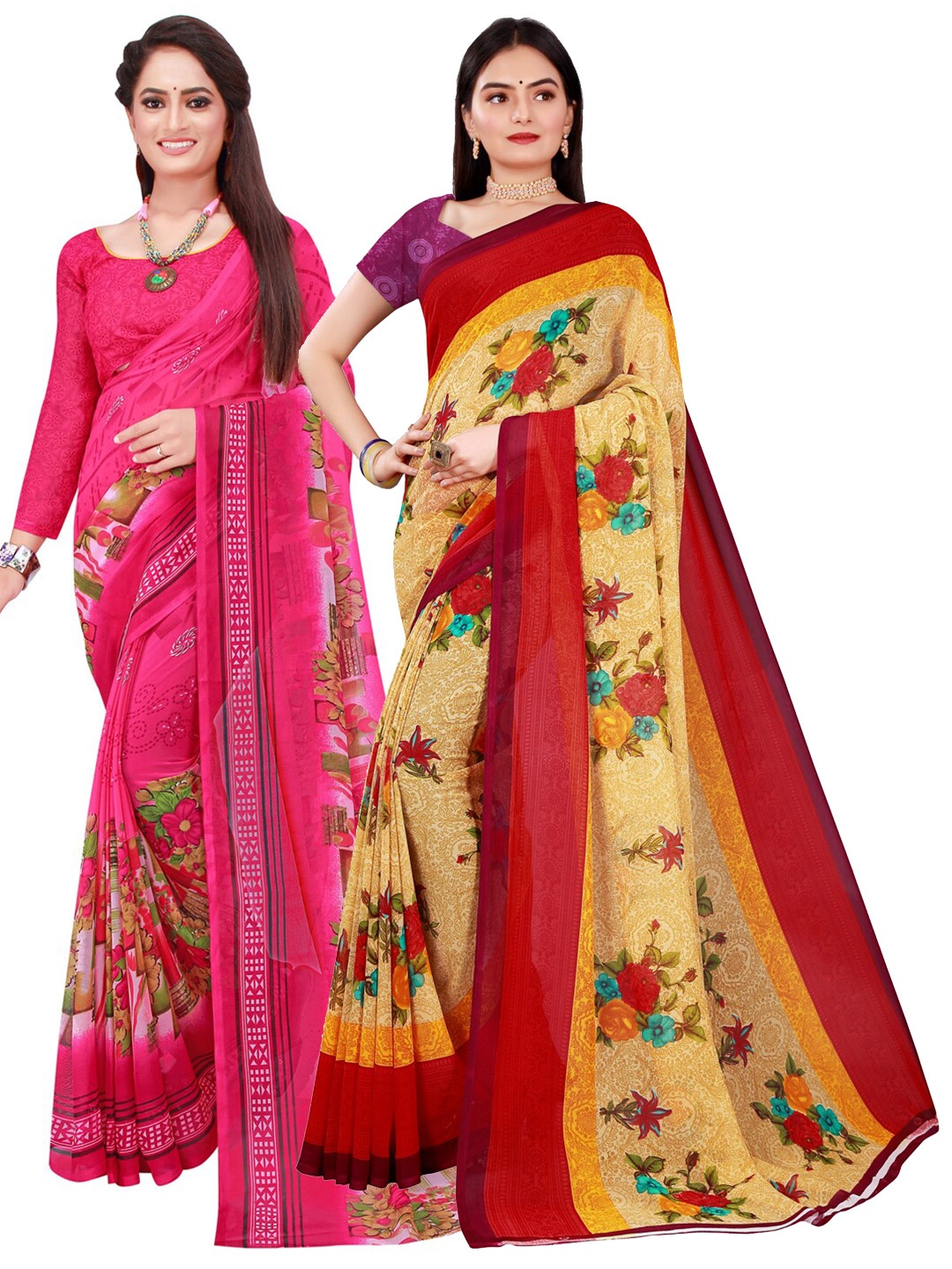 

KALINI Pack Of 2 Women Beige & Pink Printed Pure Georgette Saree With Unstitched Blouse