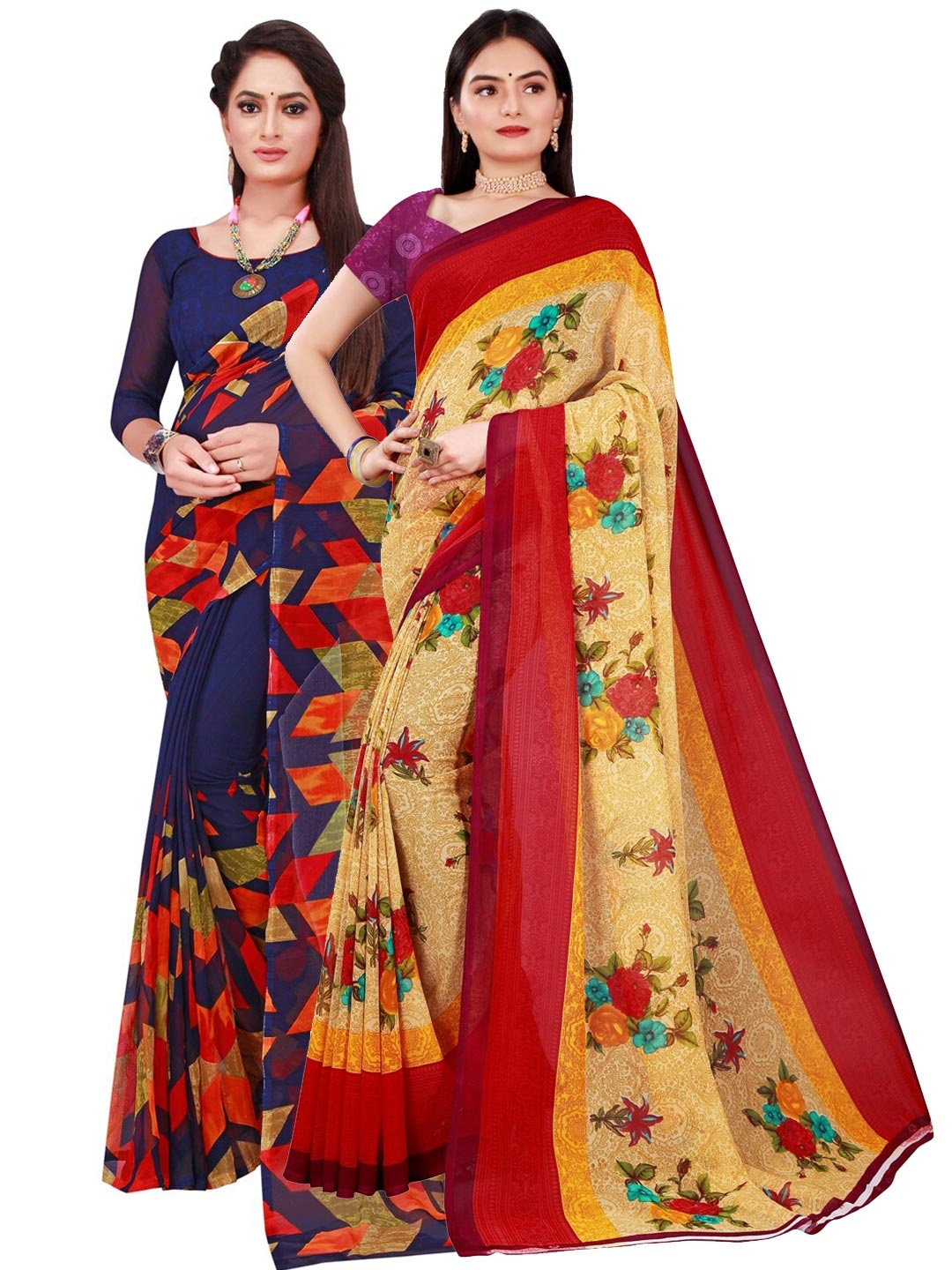 

KALINI Pack Of 2 Women Beige & Navy Blue Pure Georgette Saree With Unstitched Blouse