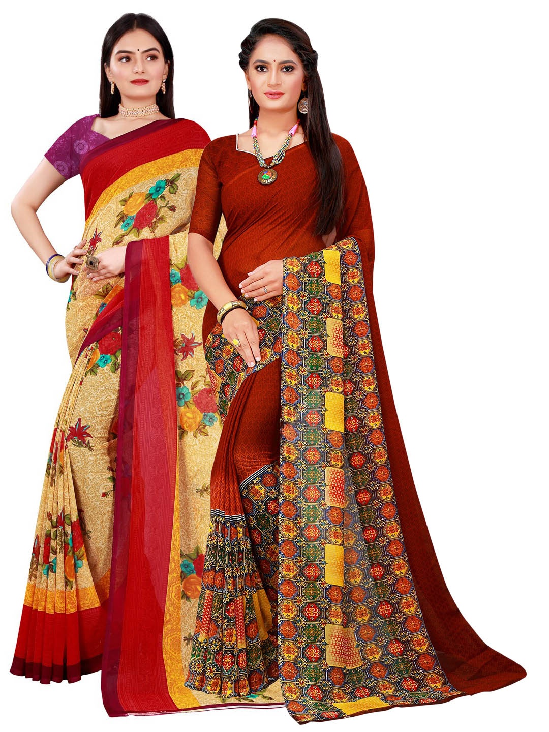 

KALINI Pack Of 2 Women Beige & Brown Printed Pure Georgette Saree With Unstitched Blouse