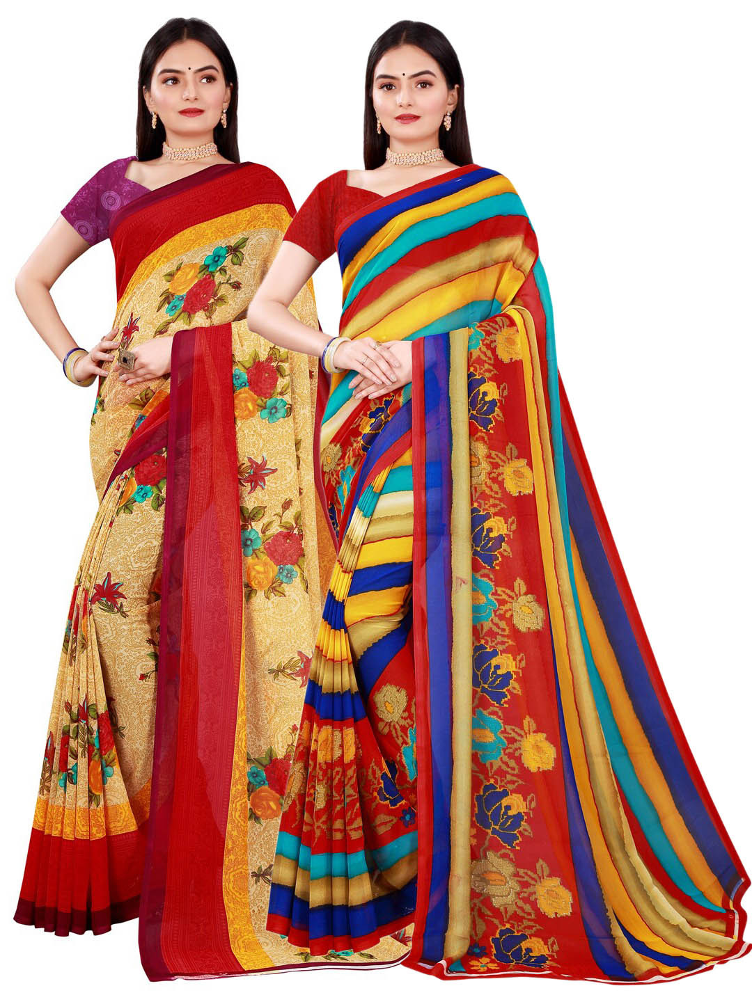 

KALINI Pack Of 2 Women Beige & Multicolored Pure Georgette Saree With Unstitched Blouse