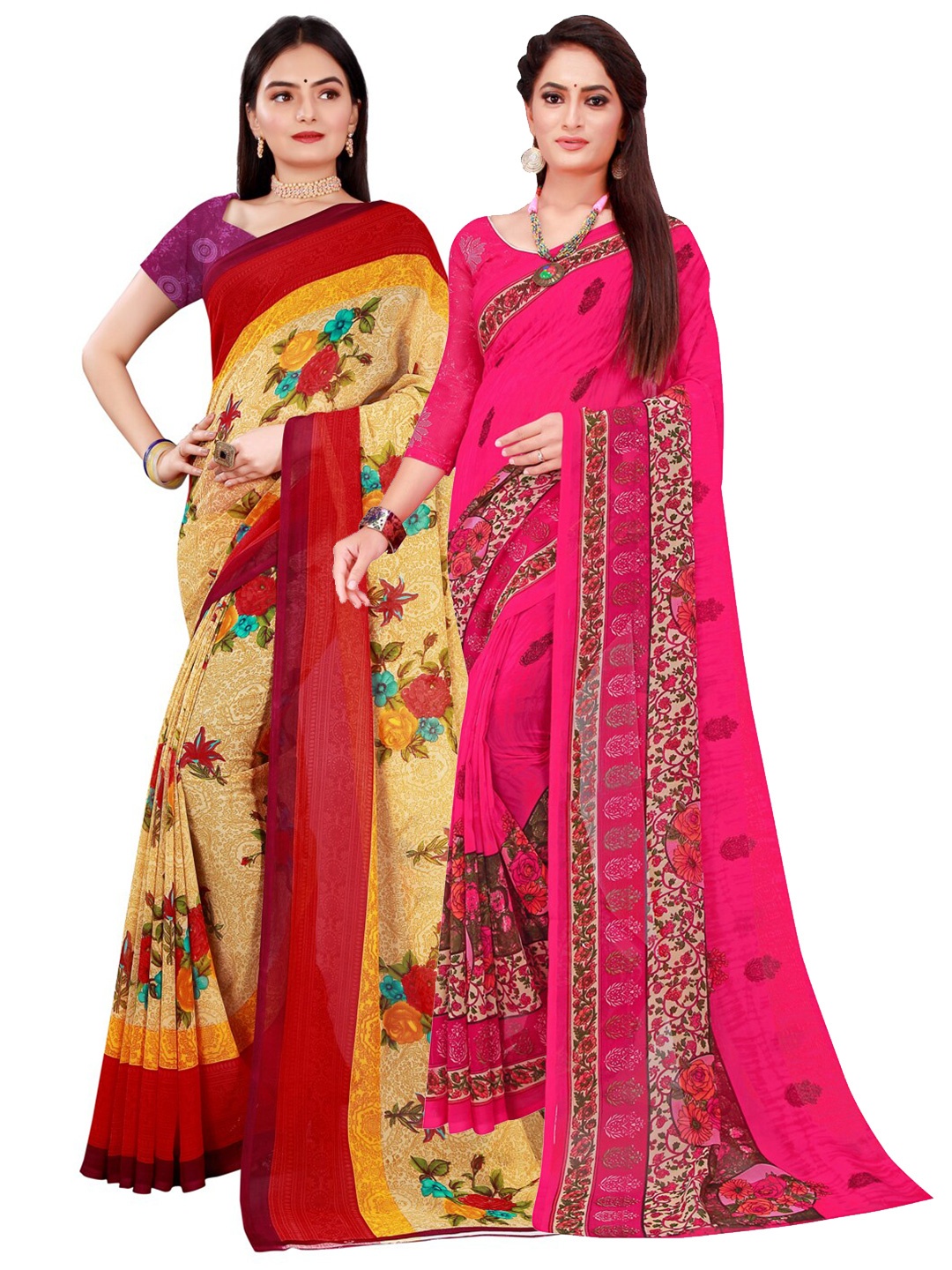 

KALINI Pack Of 2 Women Beige & Pink Printed Pure Georgette Saree With Unstitched Blouse