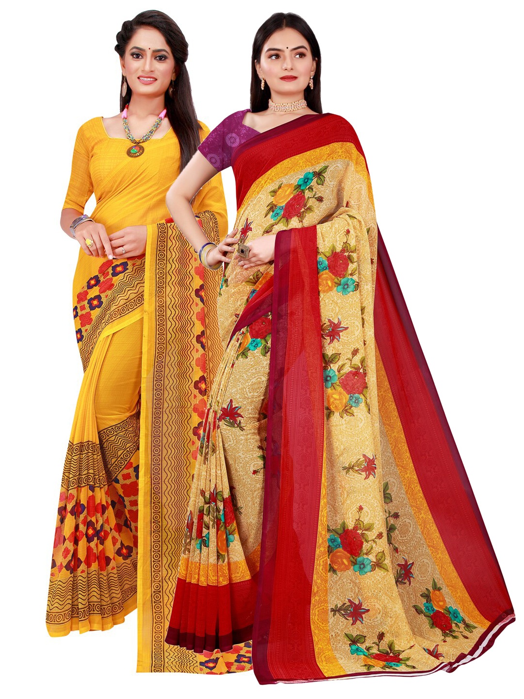 

KALINI Pack Of 2 Women Beige & Yellow Printed Pure Georgette Saree With Unstitched Blouse