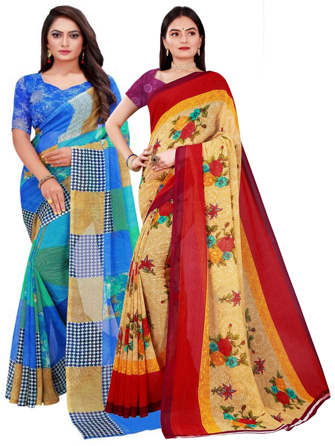 

KALINI Pack Of 2 Women Beige & Blue Printed Pure Georgette Saree With Unstitched Blouse