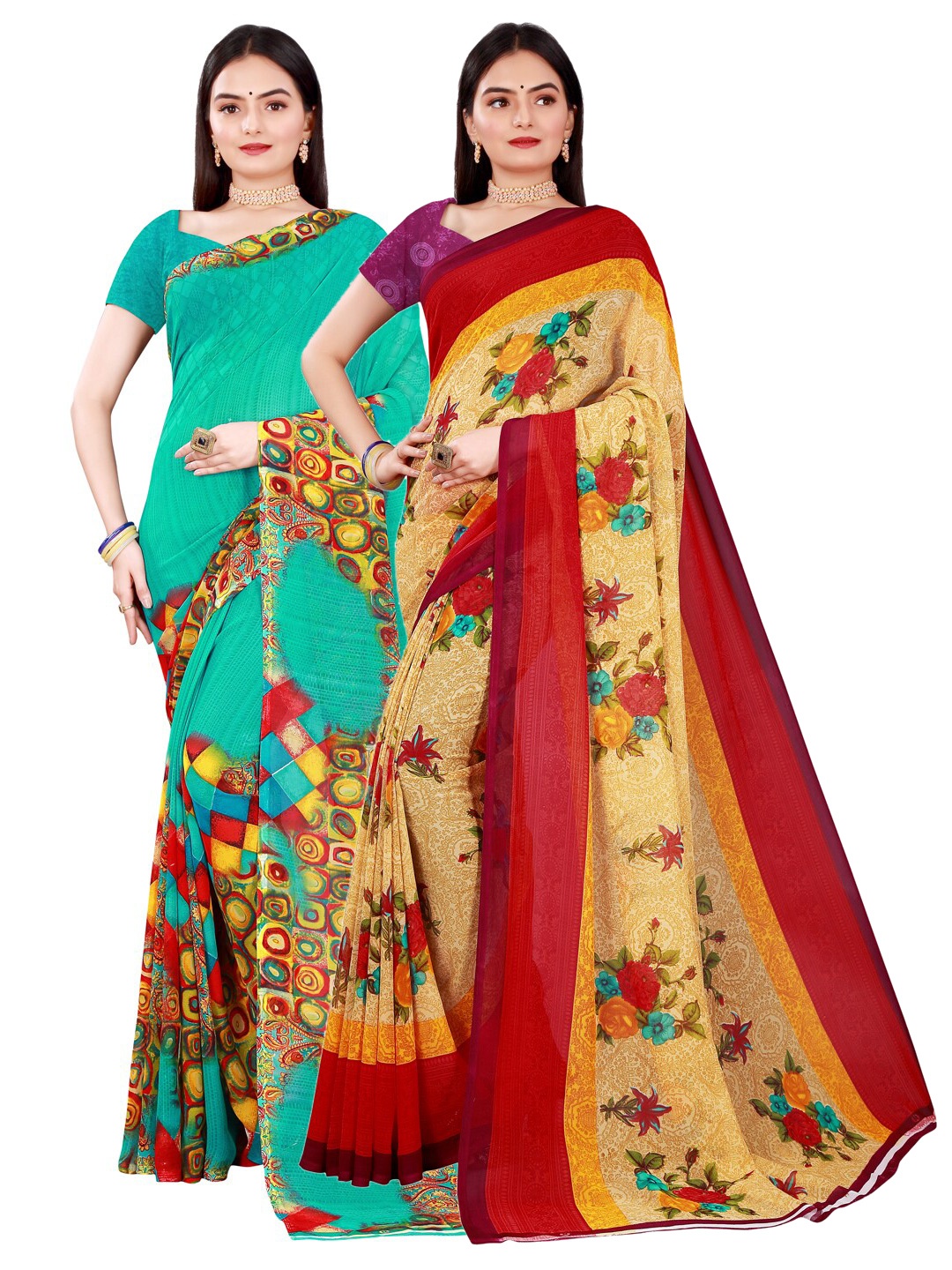 

KALINI Pack Of 2 Women Beige & Green Printed Pure Georgette Saree With Unstitched Blouse