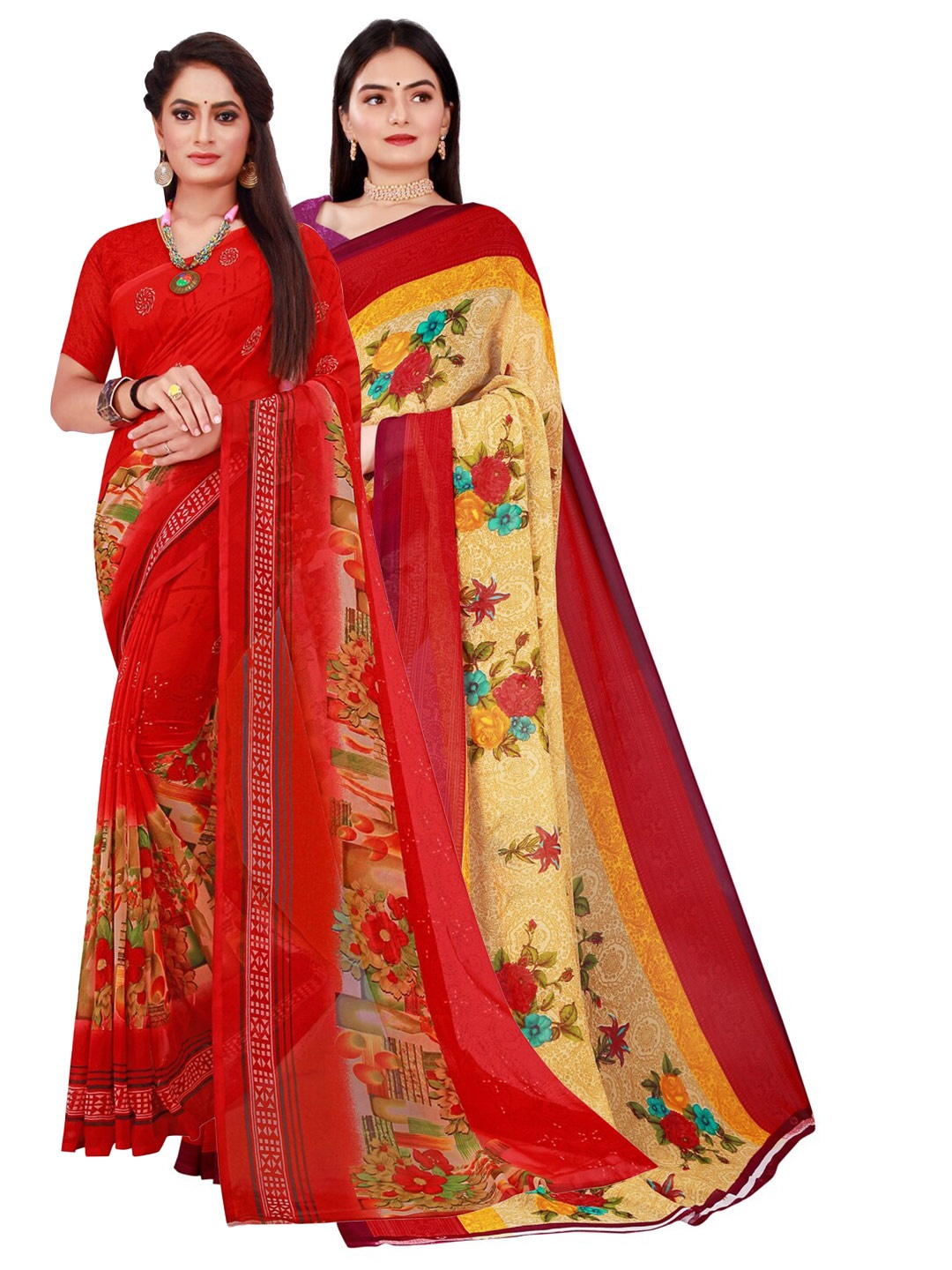 

KALINI Pack Of 2 Women Beige & Red Printed Pure Georgette Saree With Unstitched Blouse