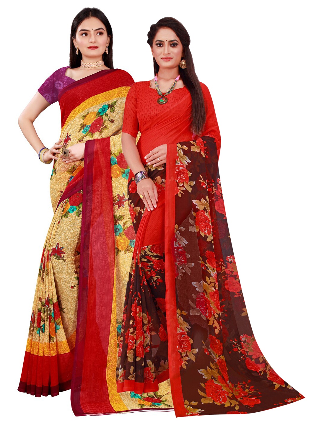 

KALINI Pack Of 2 Women Beige & Red Printed Pure Georgette Saree With Unstitched Blouse