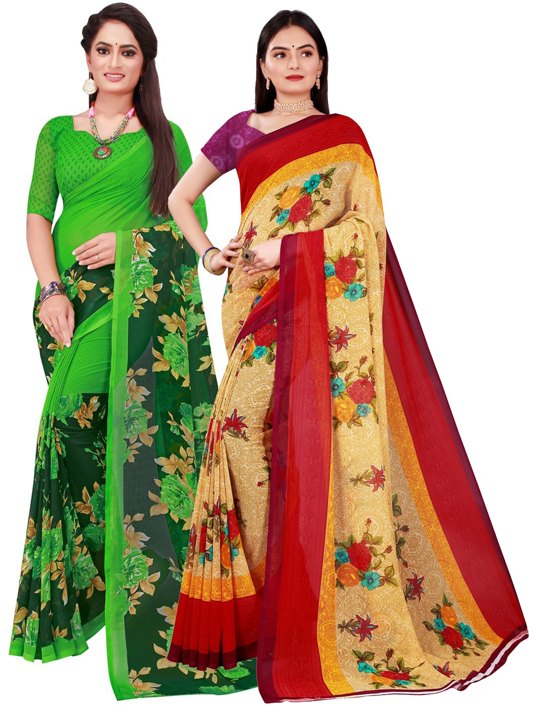 

KALINI Pack Of 2 Women Beige & Green Printed Pure Georgette Saree With Unstitched Blouse