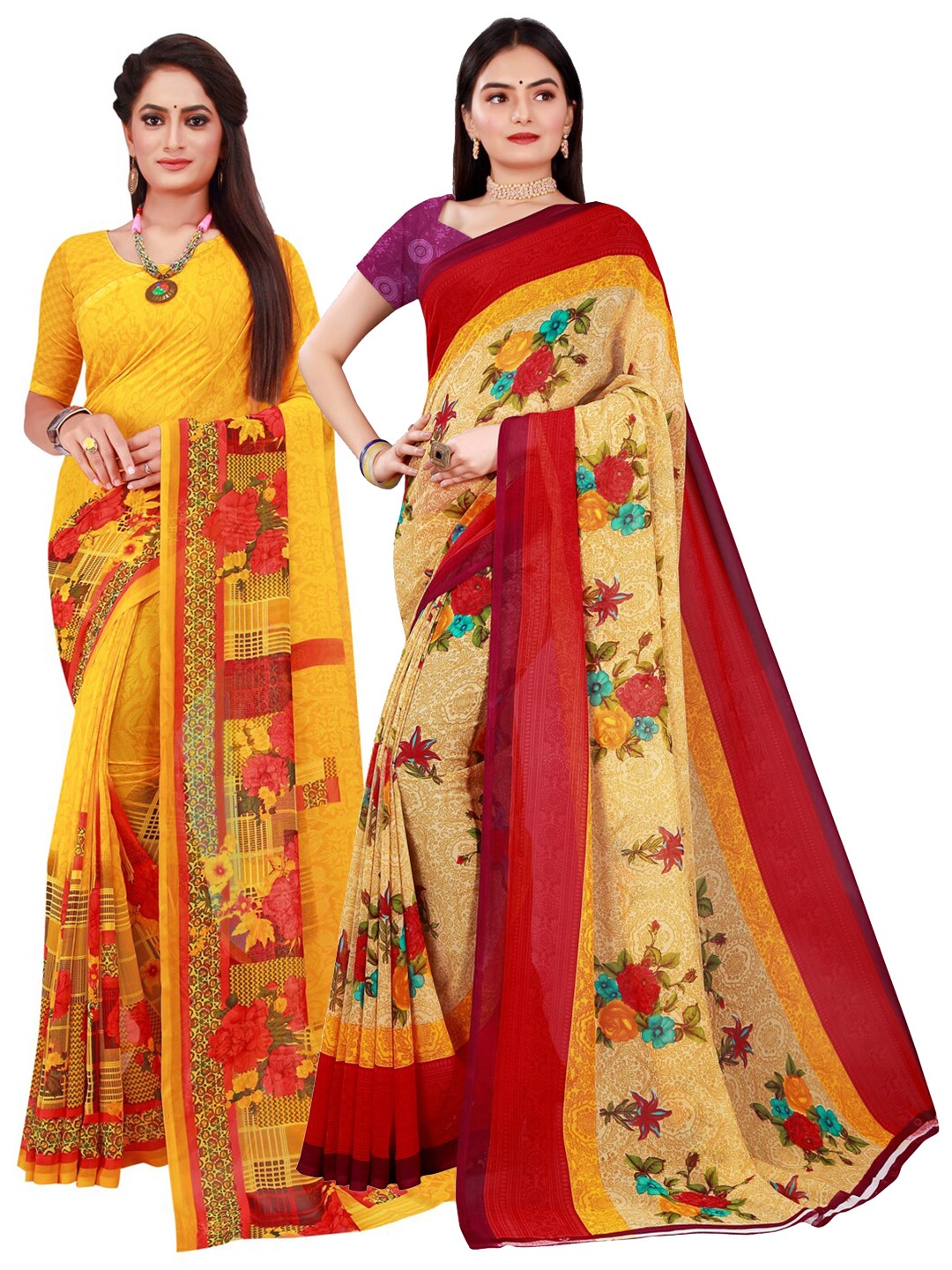 

KALINI Pack Of 2 Women Beige & Yellow Printed Pure Georgette Saree With Unstitched Blouse