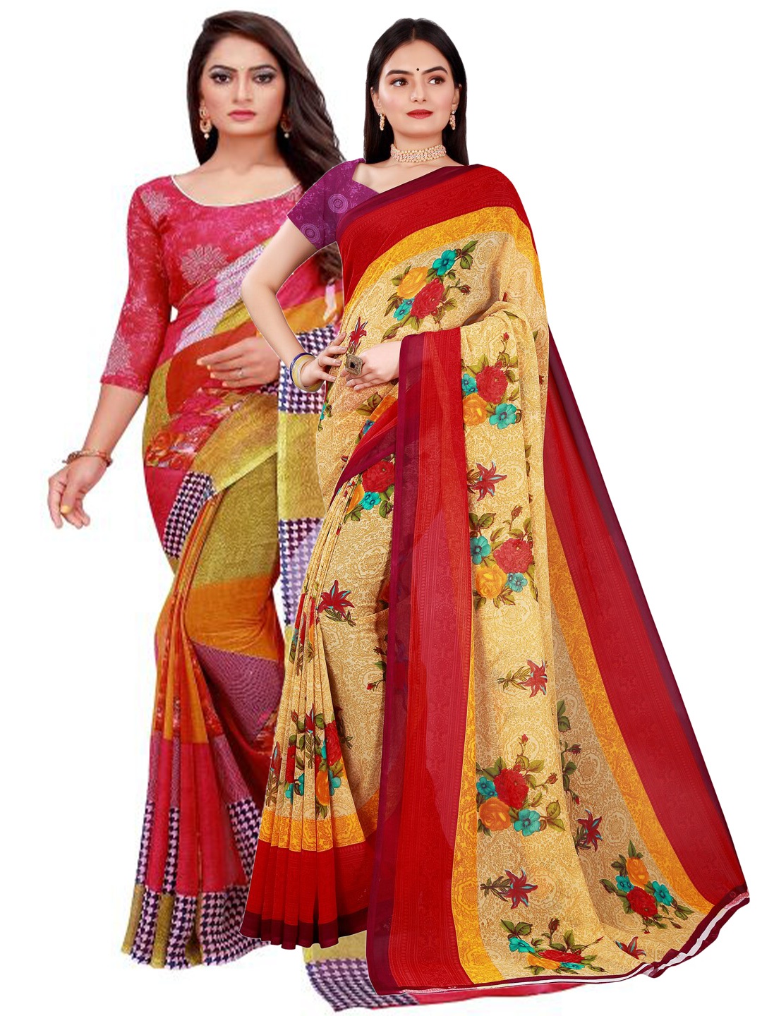

KALINI Pack Of 2 Women Beige & Red Printed Pure Georgette Saree With Unstitched Blouse