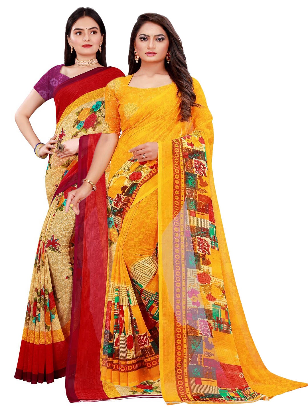 

KALINI Pack Of 2 Women Beige & Yellow Printed Pure Georgette Saree With Unstitched Blouse