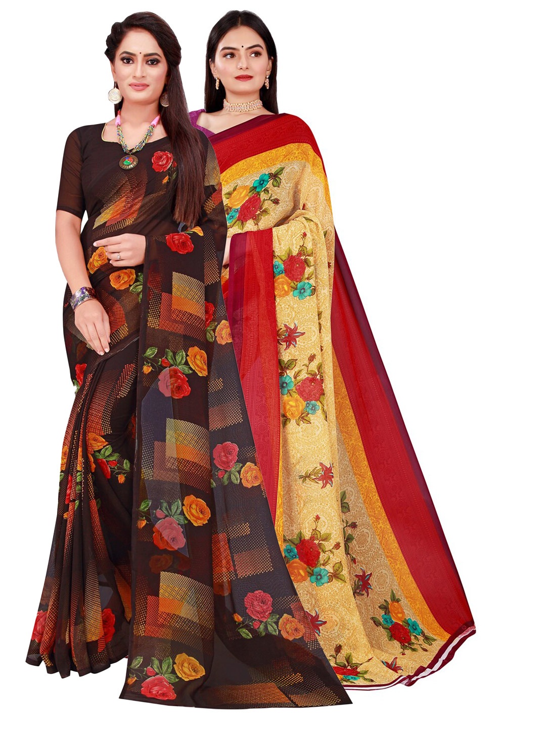 

KALINI Pack Of 2 Women Beige & Brown Printed Pure Georgette Saree With Unstitched Blouse